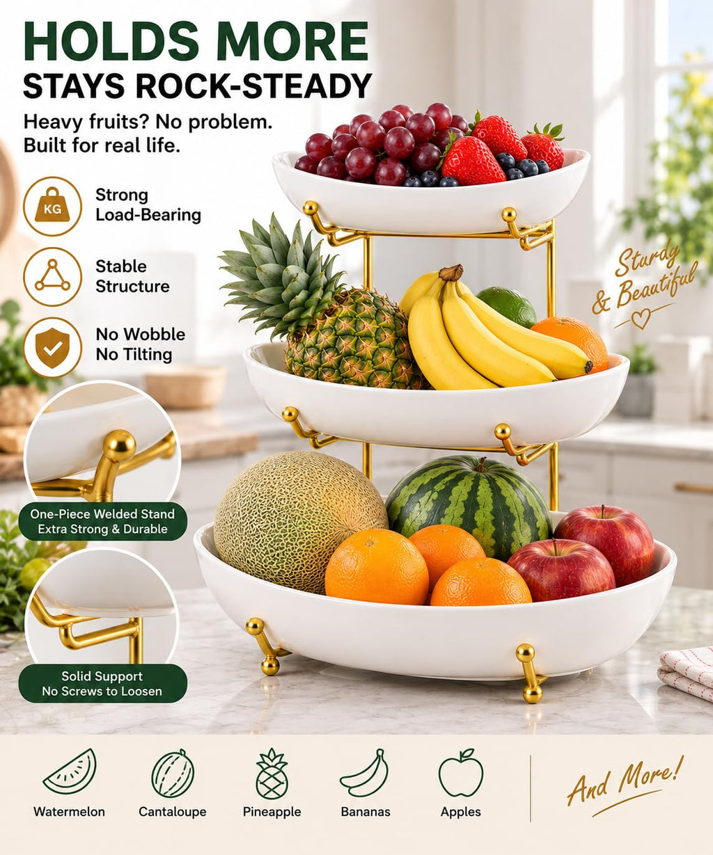 3 Tier Ceramic Fruit Basket with Gold Stand E520