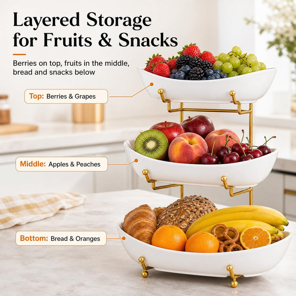3 Tier Ceramic Fruit Basket with Gold Stand E520
