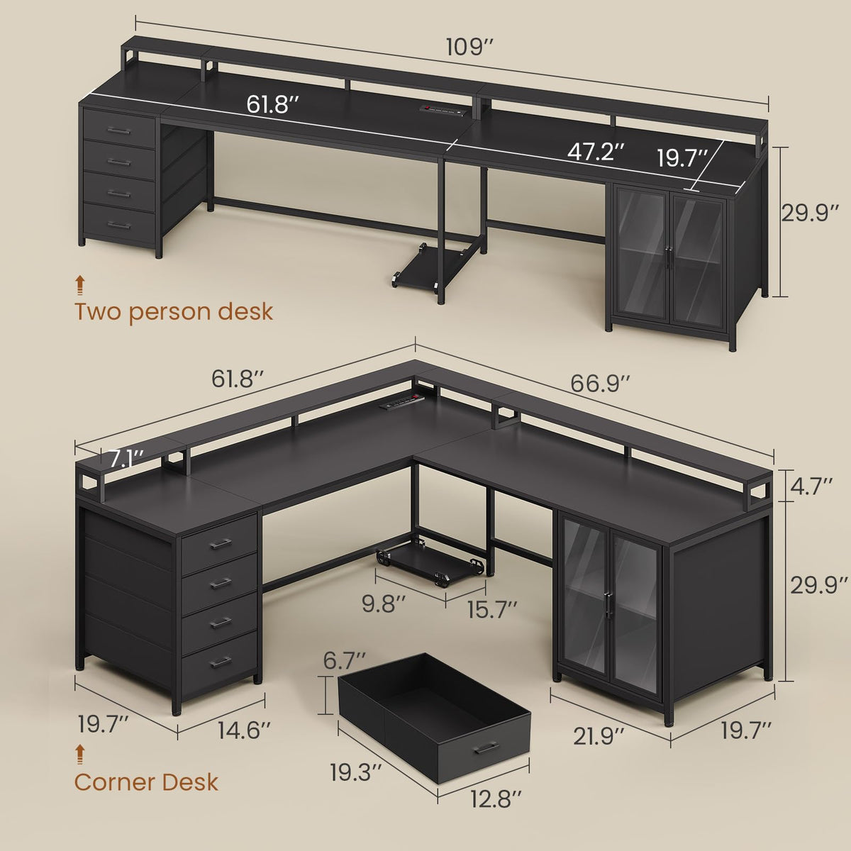 L Shaped Gaming Desk with 4 Drawers and Power Outlet, Black G4832