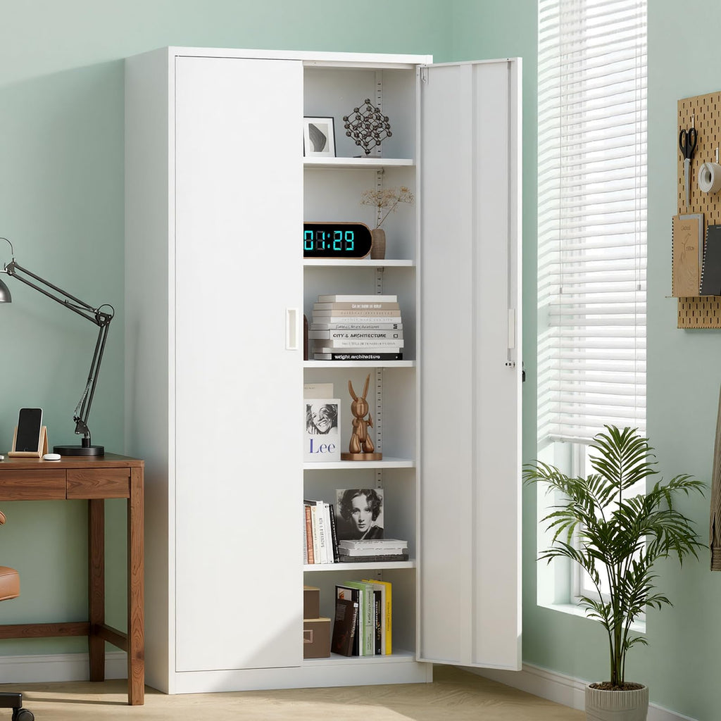 White Metal Storage Cabinet with 2 Doors and 5 Adjustable Shelves M2629