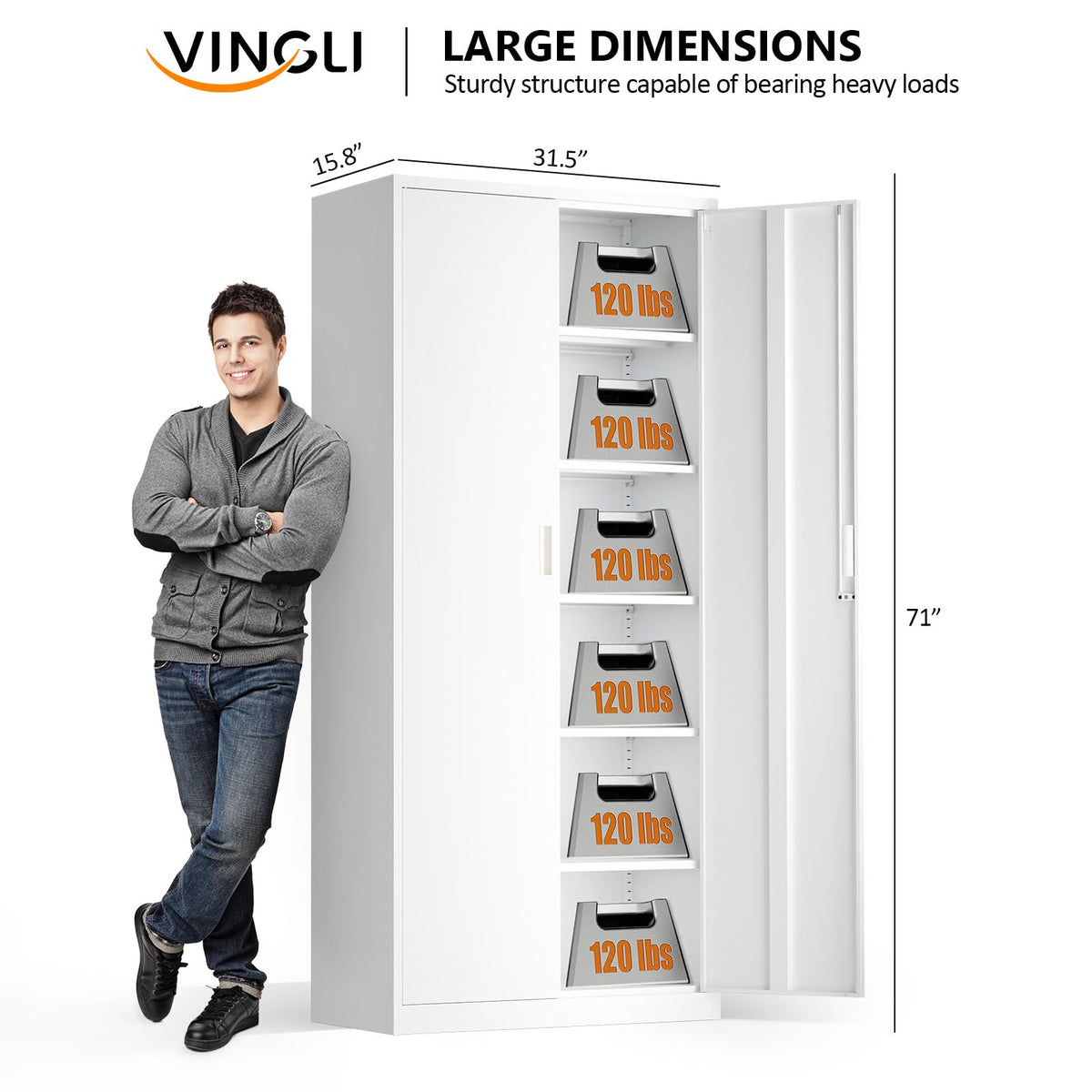 White Metal Storage Cabinet with 2 Doors and 5 Adjustable Shelves M2629