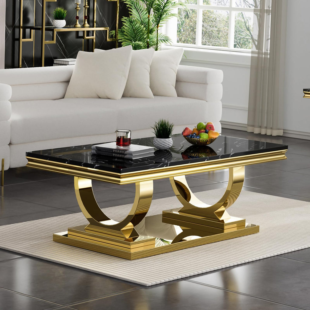 47" Black Faux Marble Coffee Table with Gold Pedestal Base L858