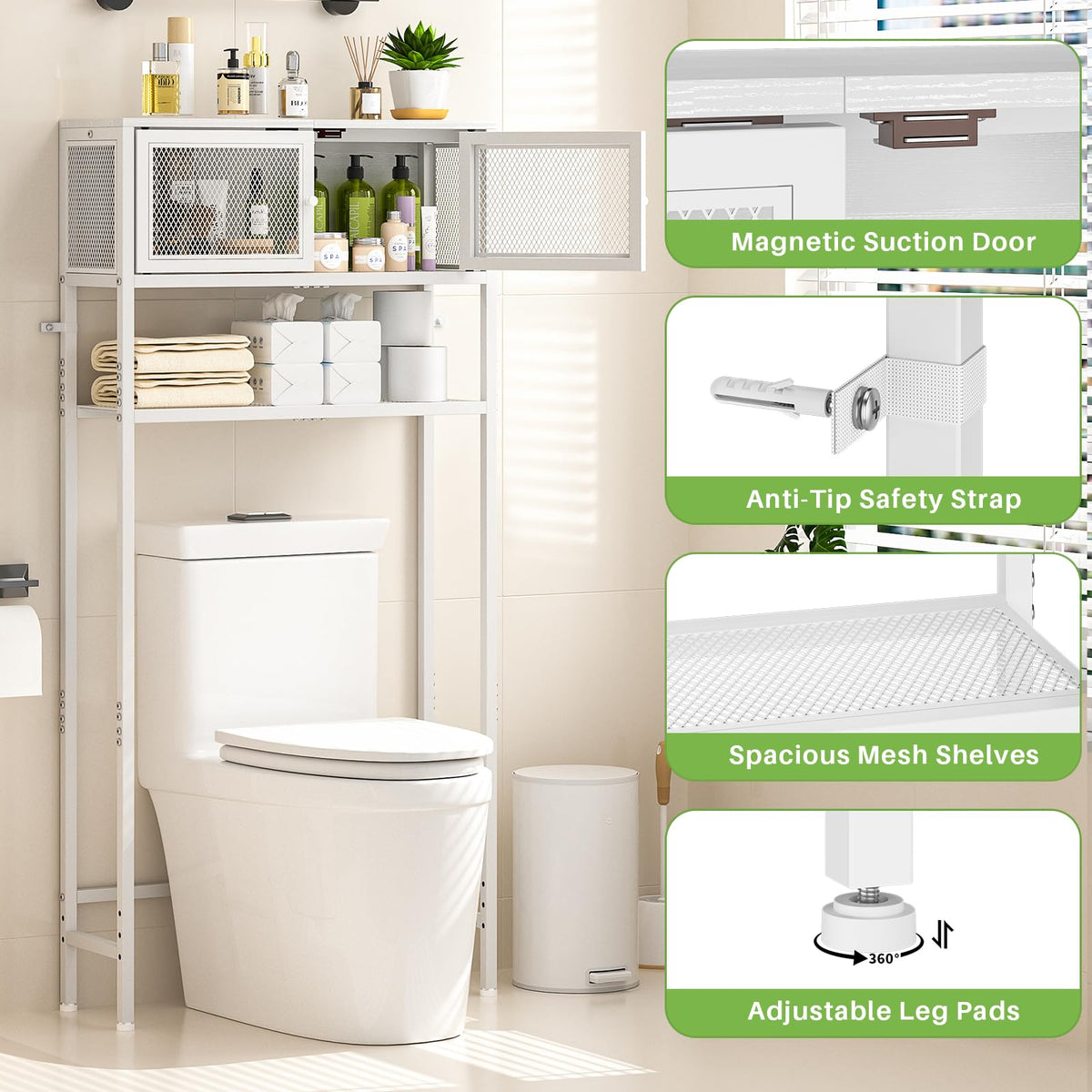 Over the Toilet Storage Cabinet with Doors, White Metal Shelves Q913