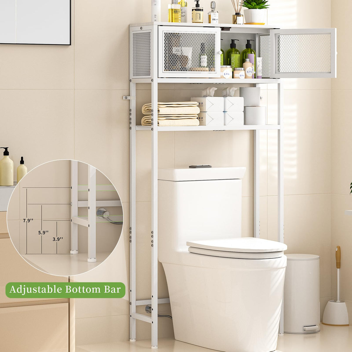 Over the Toilet Storage Cabinet with Doors, White Metal Shelves Q913