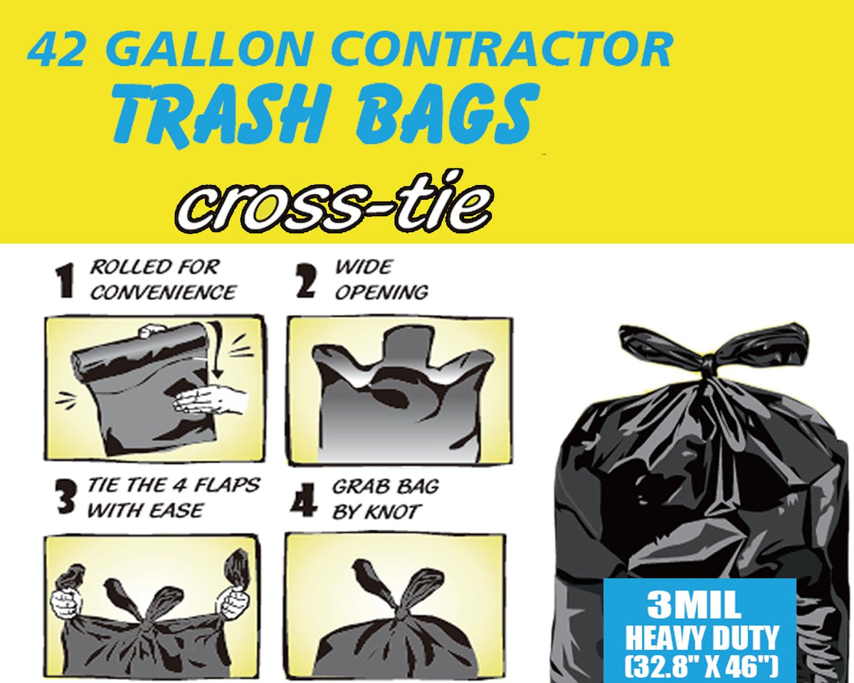 Heavy Duty 42 Gallon 10 Count 3 MIL Black Flap Tie Trash Bags D347416
