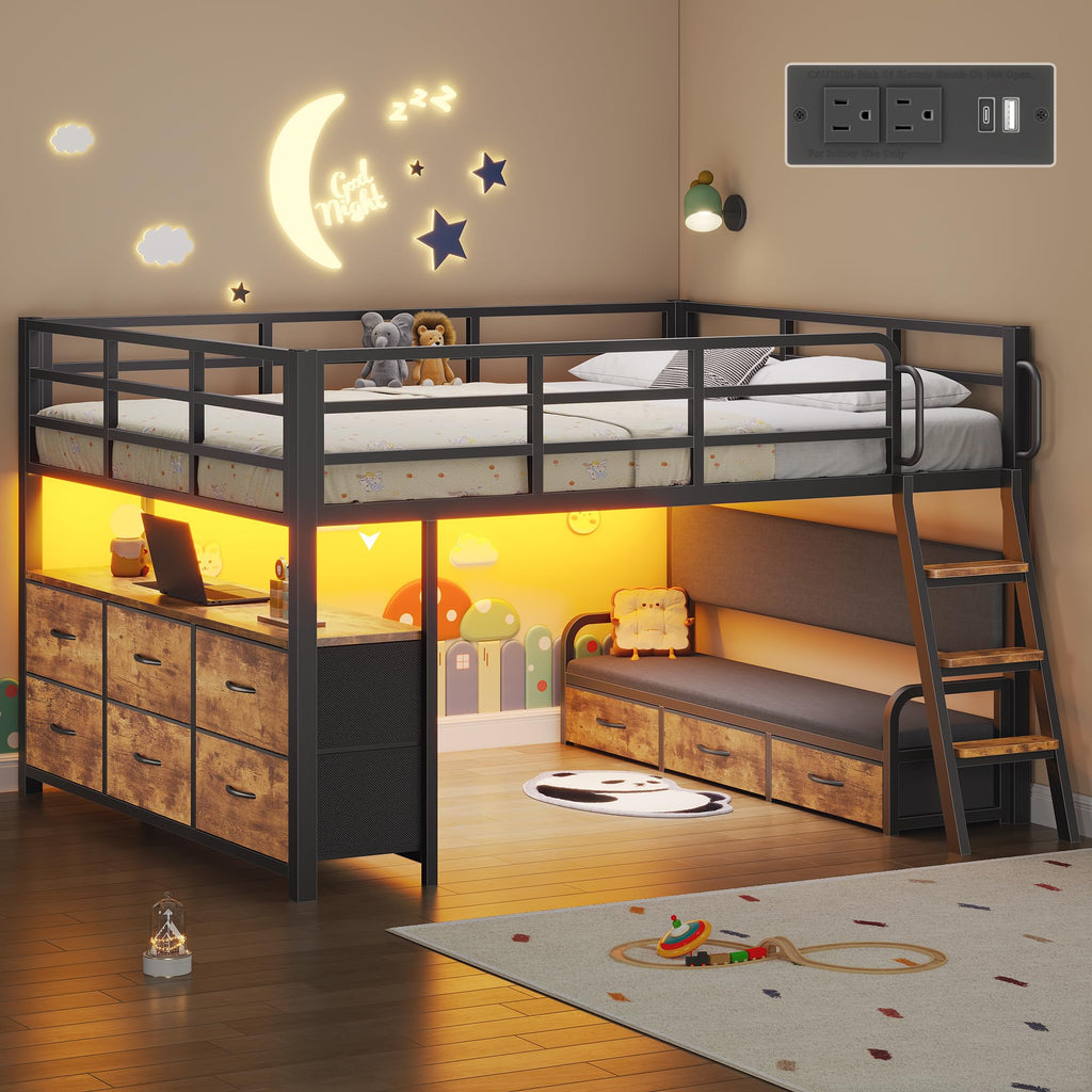 Full Size Low Loft Bed with Desk and 9 Storage Drawers P362