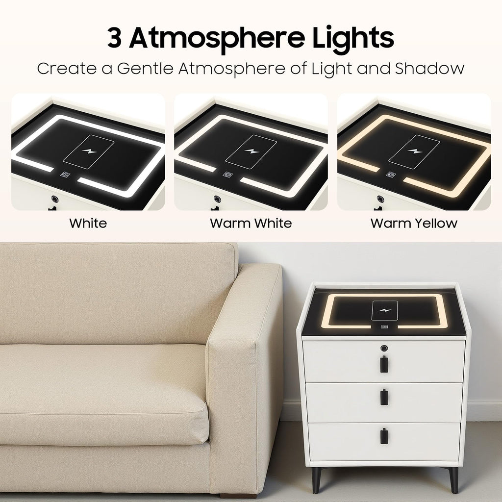 Beige 3 Drawer Smart Nightstand with Fingerprint Lock L557