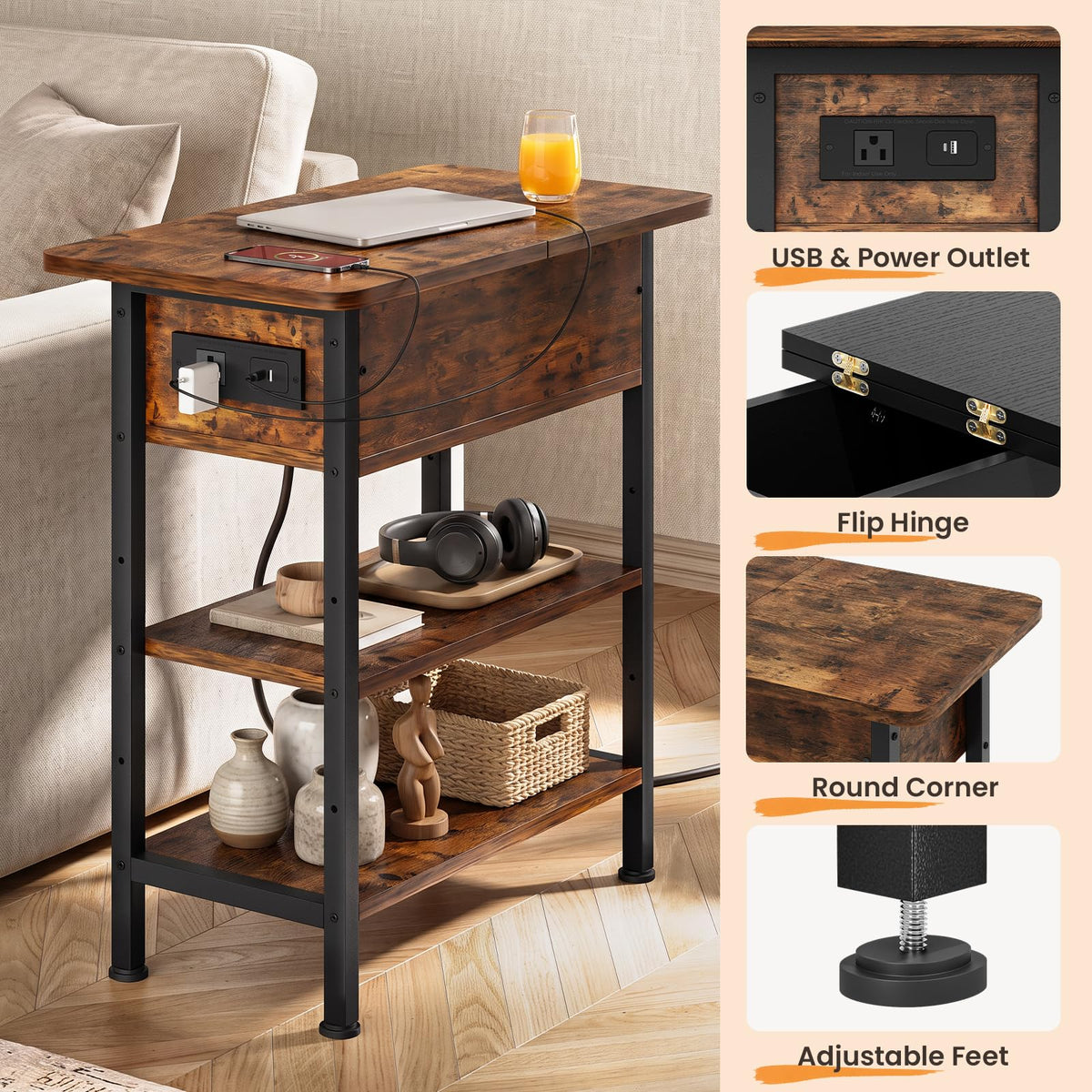End Table with Charging Station, 3-Tier Storage Nightstand E306