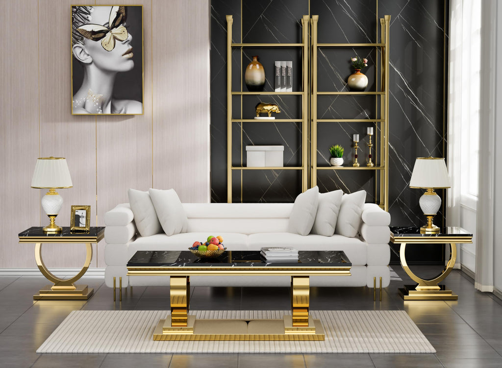 47" Black Faux Marble Coffee Table with Gold Pedestal Base L858