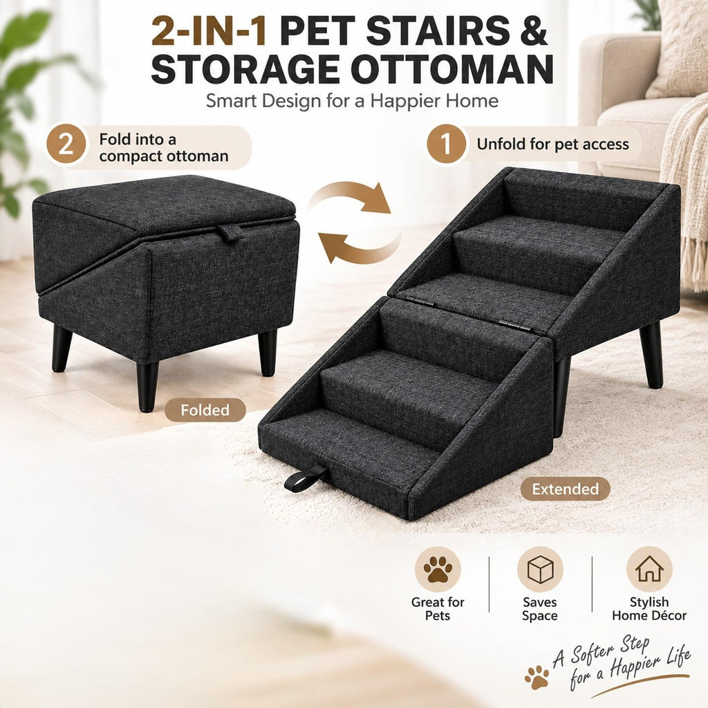 Foldable Dog Stairs Ottoman 2 in 1 Storage Pet Steps F55227