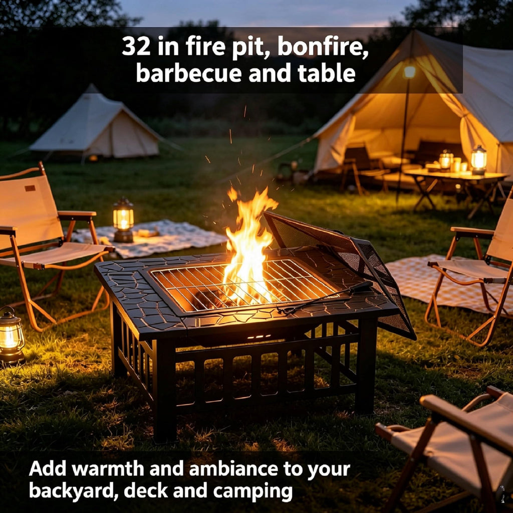 32" Square Metal Wood Burning Fire Pit Table A1210
