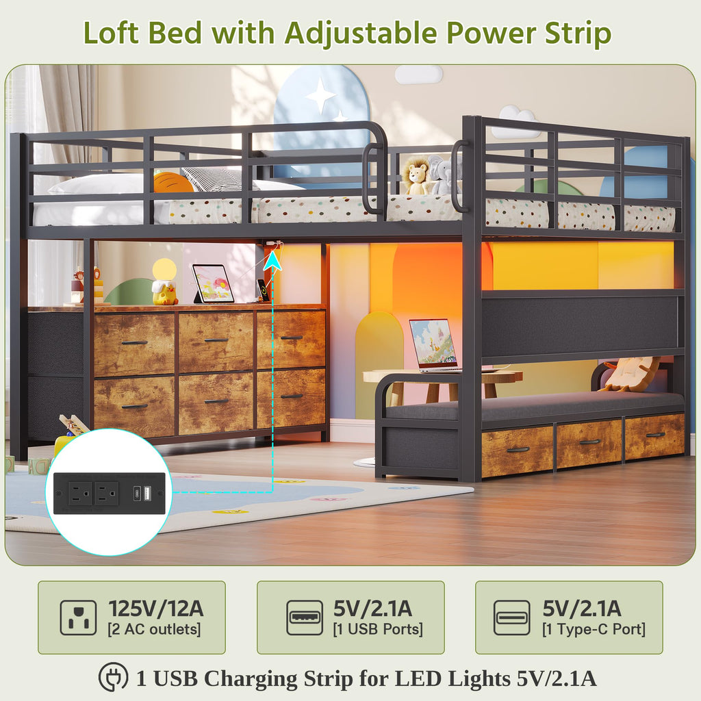 Full Size Low Loft Bed with Desk and 9 Storage Drawers P362