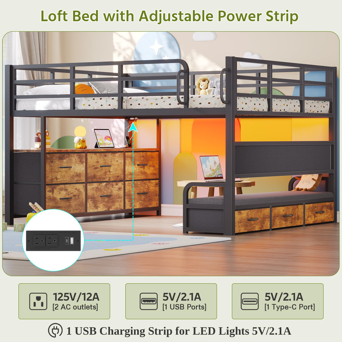 Full Size Low Loft Bed with Desk and 9 Storage Drawers P362