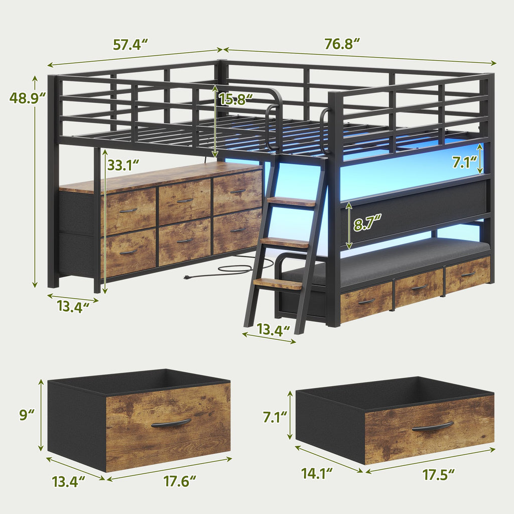 Full Size Low Loft Bed with Desk and 9 Storage Drawers P362