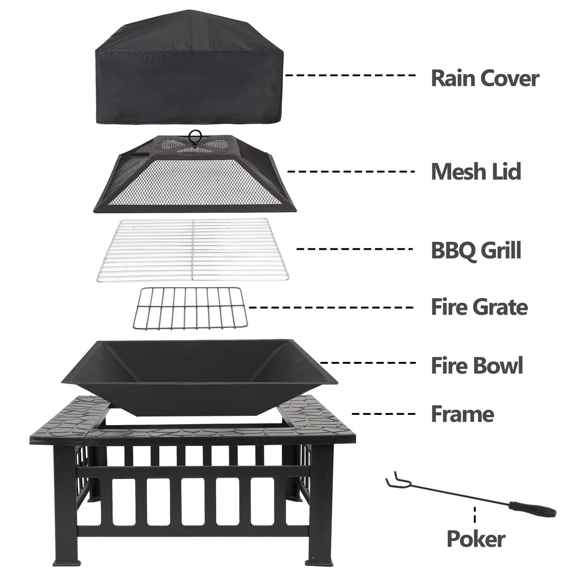 32" Square Metal Wood Burning Fire Pit Table A1210