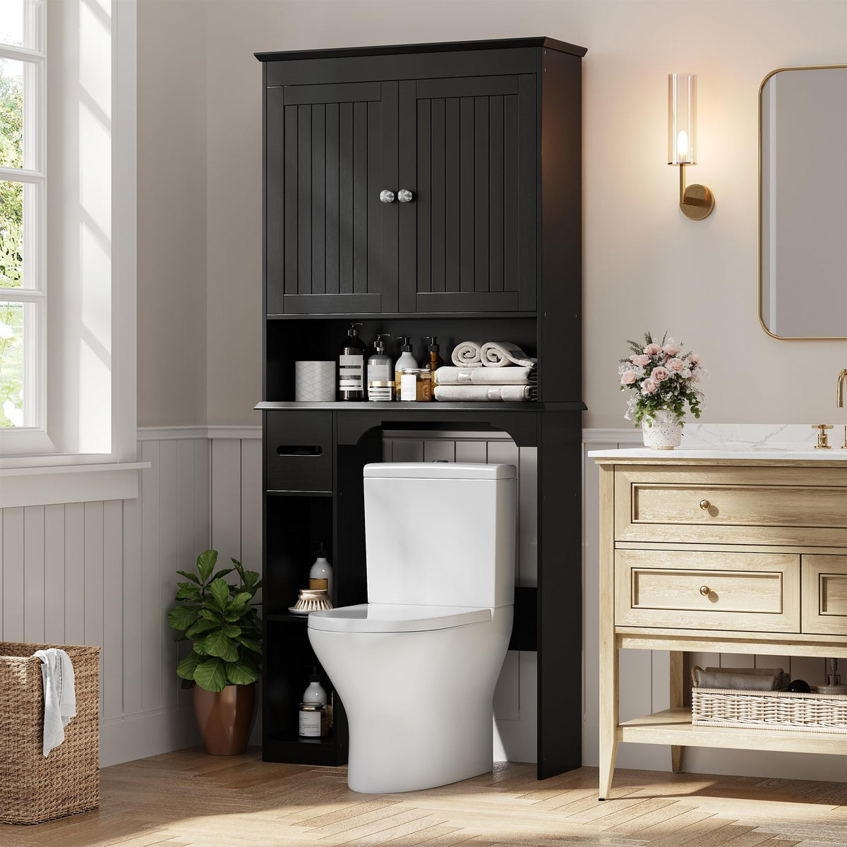 30" Over Toilet Storage Cabinet with Toilet Paper Box, Black U716589