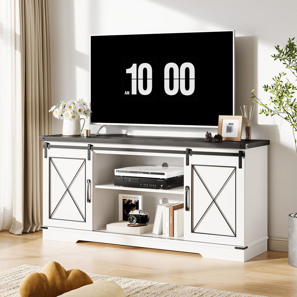 White Farmhouse TV Stand with Sliding Barn Doors O546587