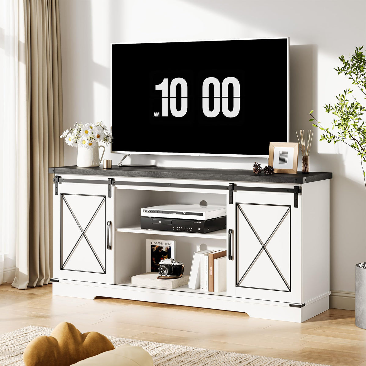 White Farmhouse TV Stand with Sliding Barn Doors O546587