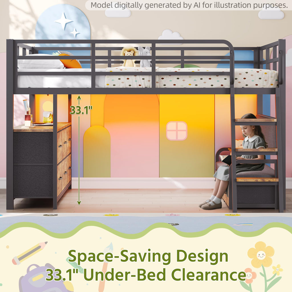 Full Size Low Loft Bed with Desk and 9 Storage Drawers P362