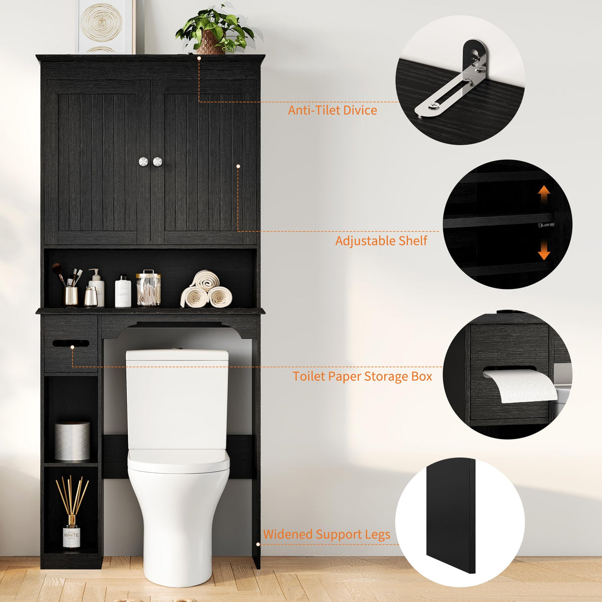 30" Over Toilet Storage Cabinet with Toilet Paper Box, Black U716589