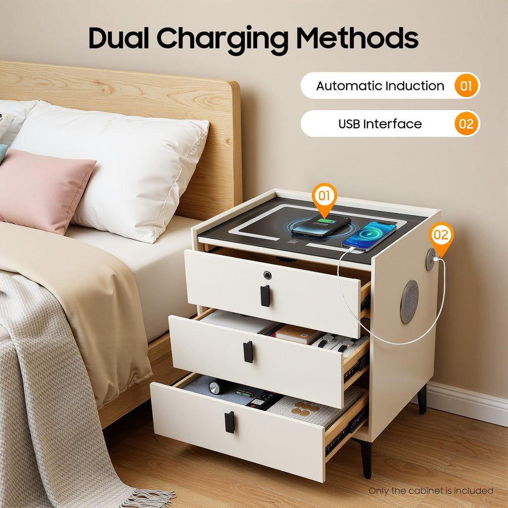 Beige 3 Drawer Smart Nightstand with Fingerprint Lock L557