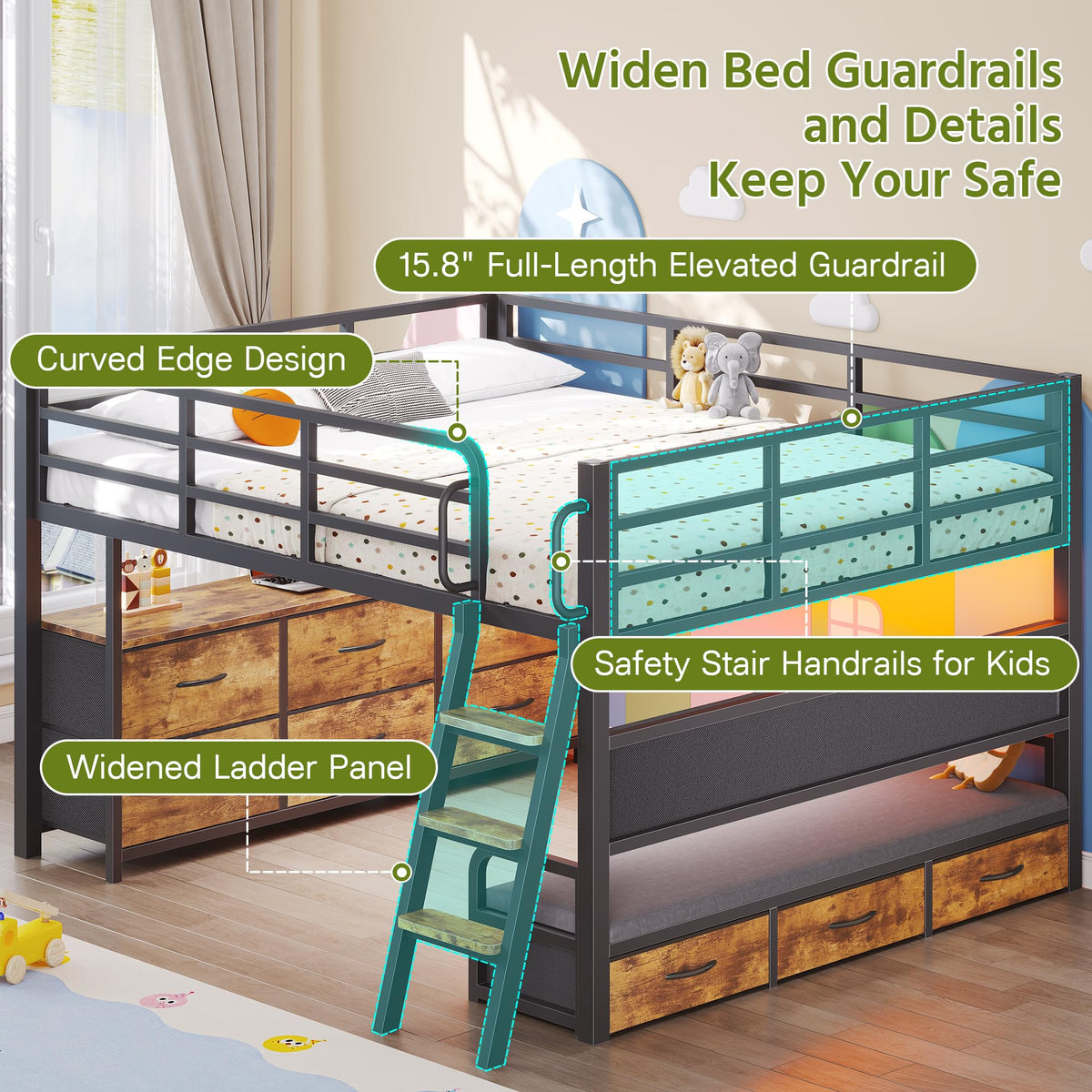 Full Size Low Loft Bed with Desk and 9 Storage Drawers P362