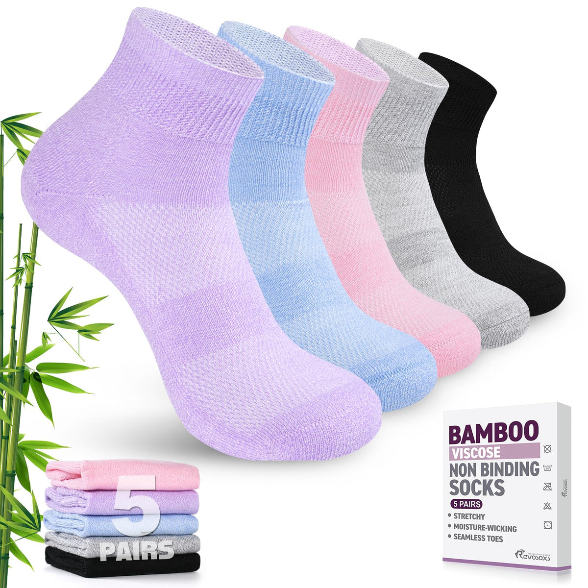5 Pairs Non Binding Wide Stretchy Ankle Socks V273386