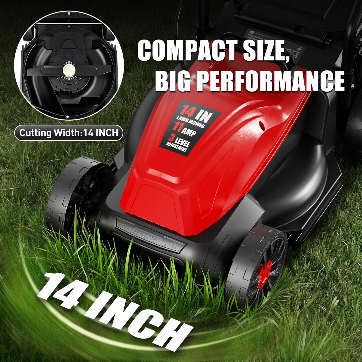 14" Corded Lawn Mower, 3-Height, 2-in-1 Mulch & Bag P442083