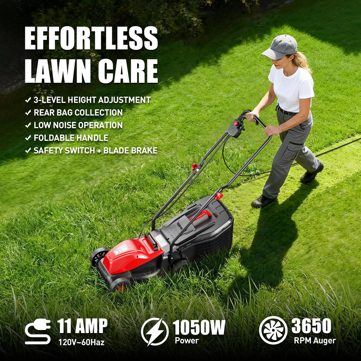 14" Corded Lawn Mower, 3-Height, 2-in-1 Mulch & Bag P442083