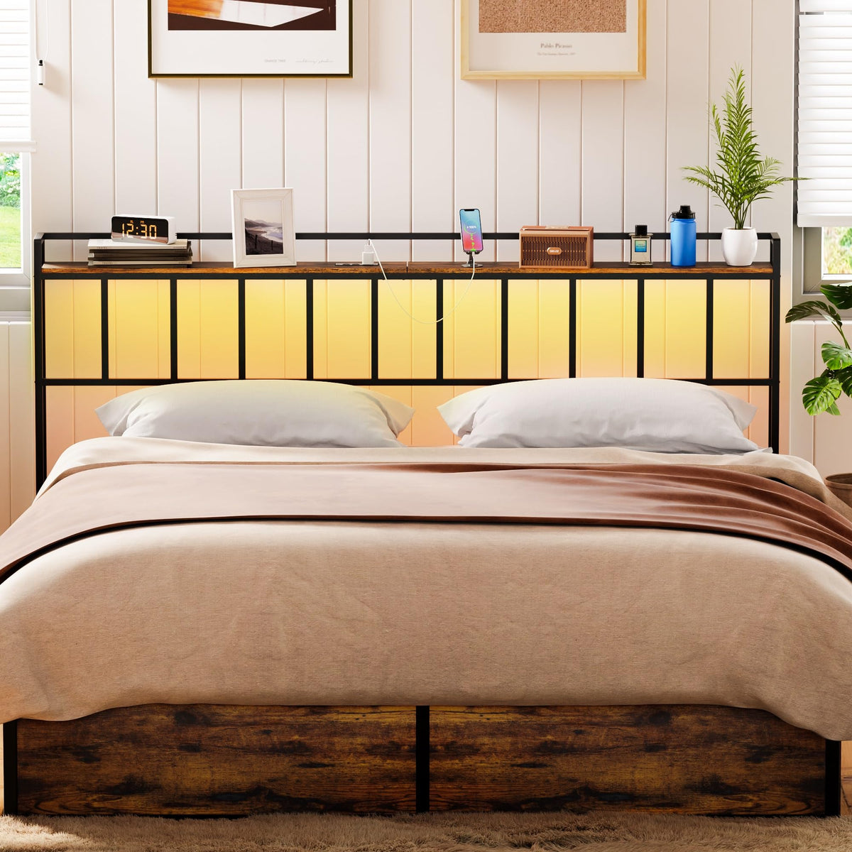 King Size Headboard with LED Light, Outlets and USB Ports, Storage Rack, Rustic Brown A1410