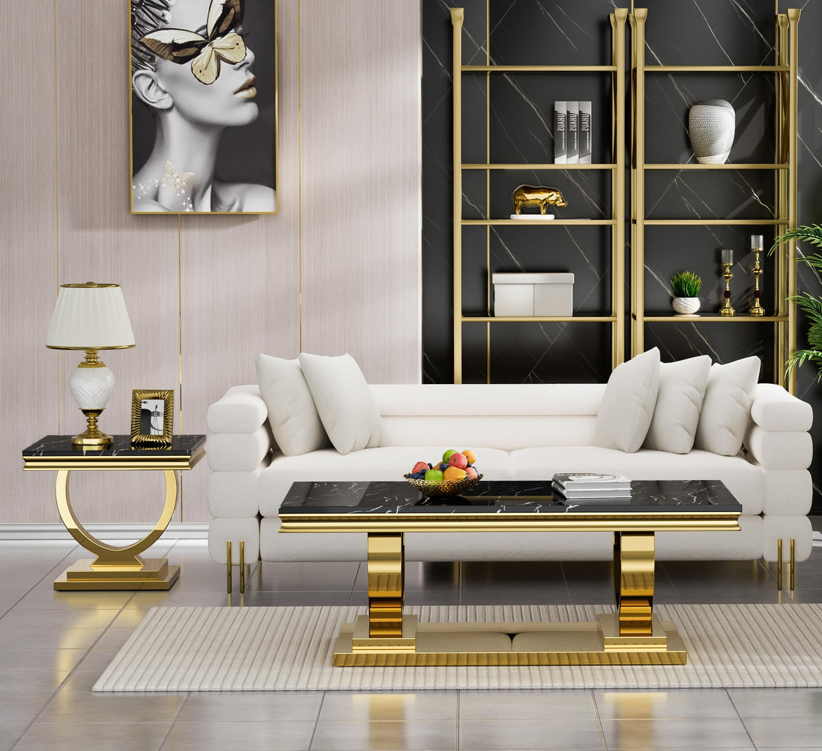 47" Black Faux Marble Coffee Table with Gold Pedestal Base L858