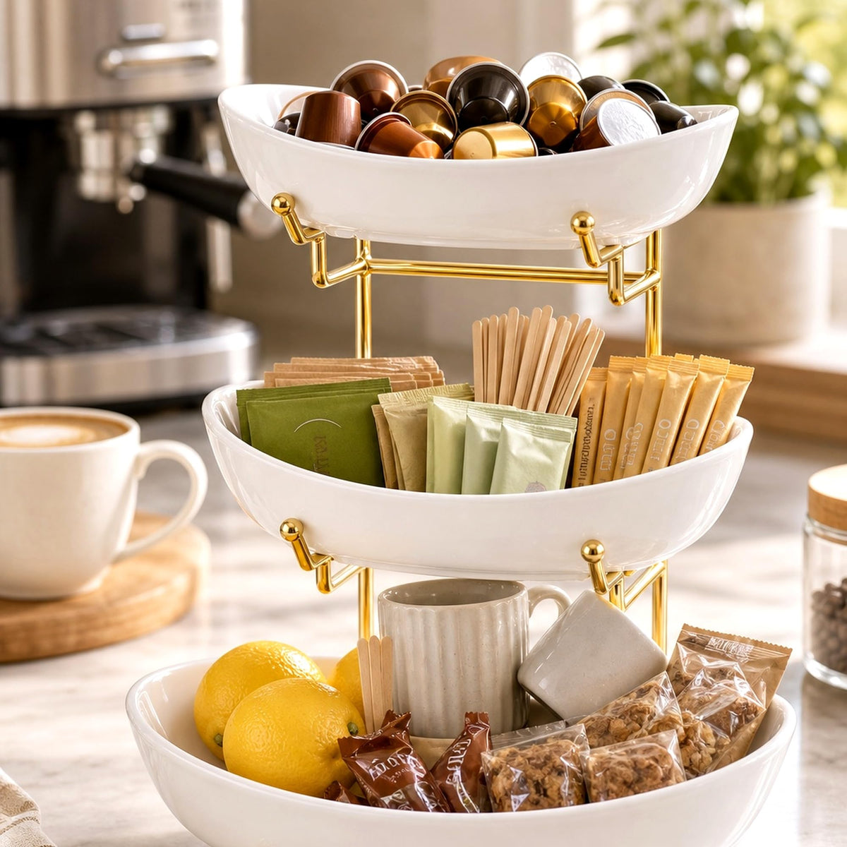 3 Tier Ceramic Fruit Basket with Gold Stand E520