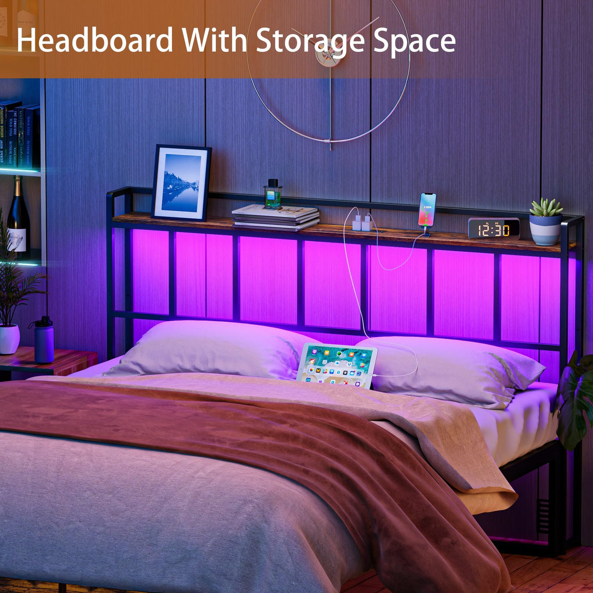 King Size Headboard with LED Light, Outlets and USB Ports, Storage Rack, Rustic Brown A1410