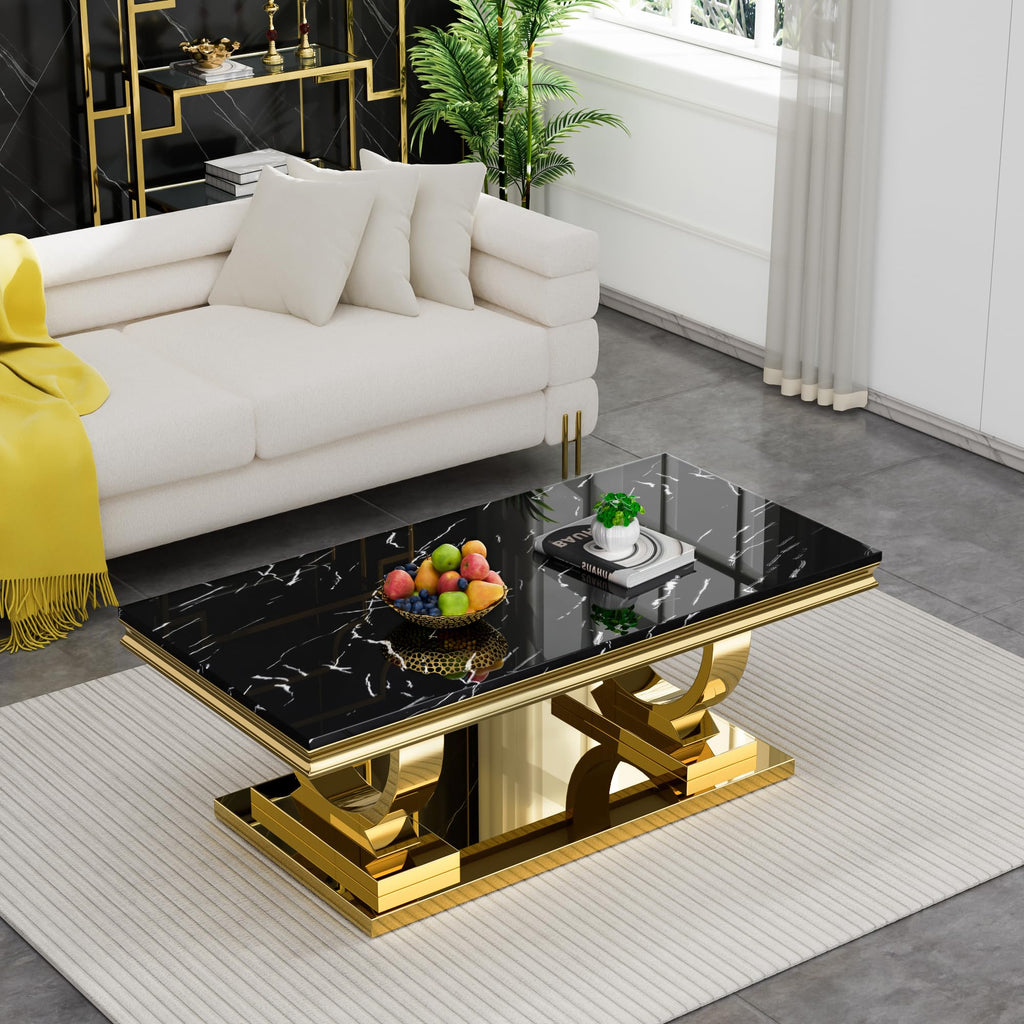 47" Black Faux Marble Coffee Table with Gold Pedestal Base L858