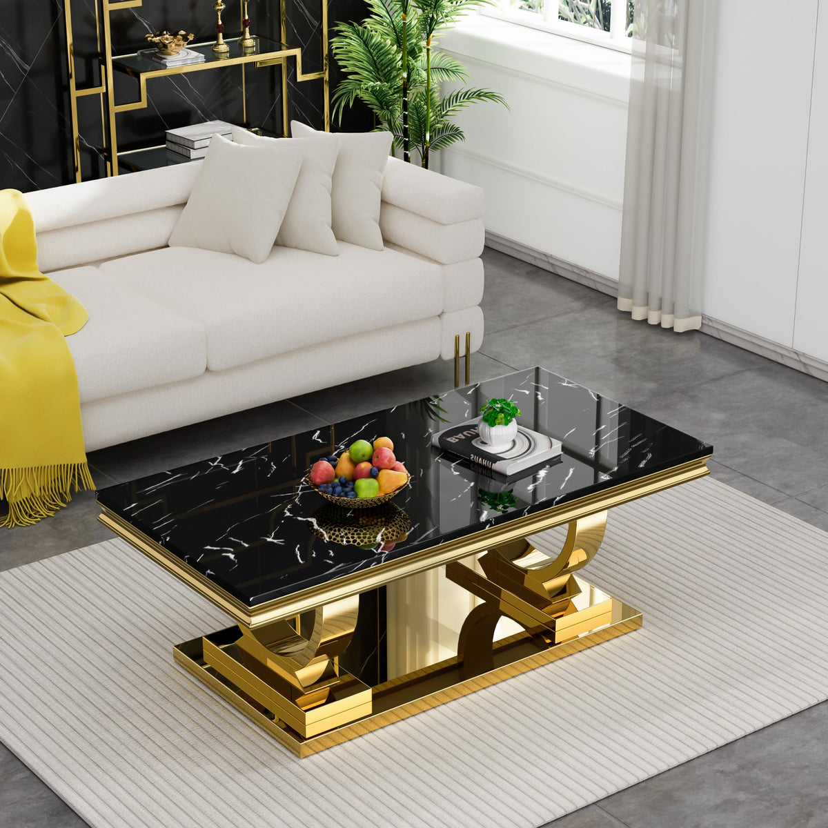 47" Black Faux Marble Coffee Table with Gold Pedestal Base L858