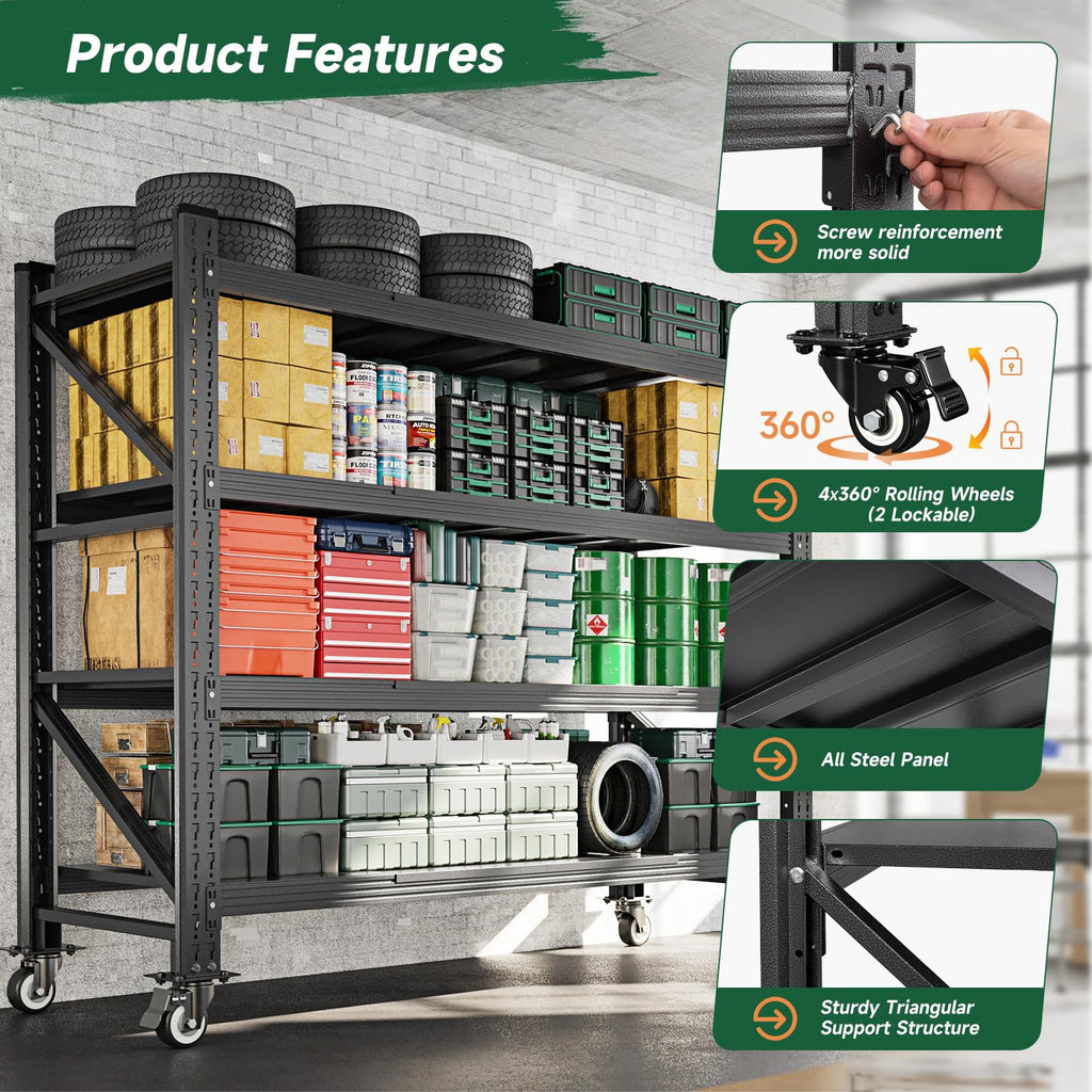 Heavy Duty 4 Tier Metal Storage Shelves with Wheels C5652