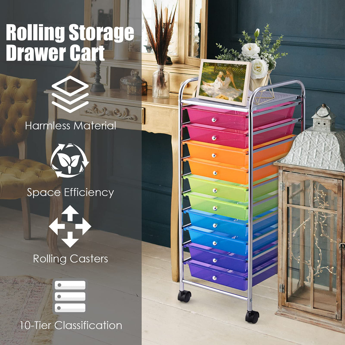 10 Drawer Multicolor Rolling Storage Cart J6105