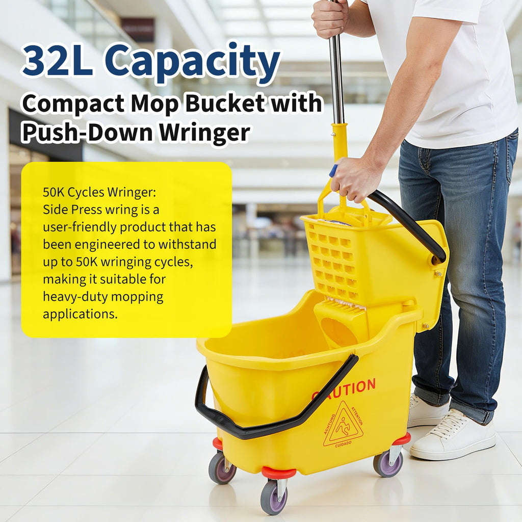 Yellow 35 Quart Commercial Mop Bucket with Side Press Wringer on Wheels A800424