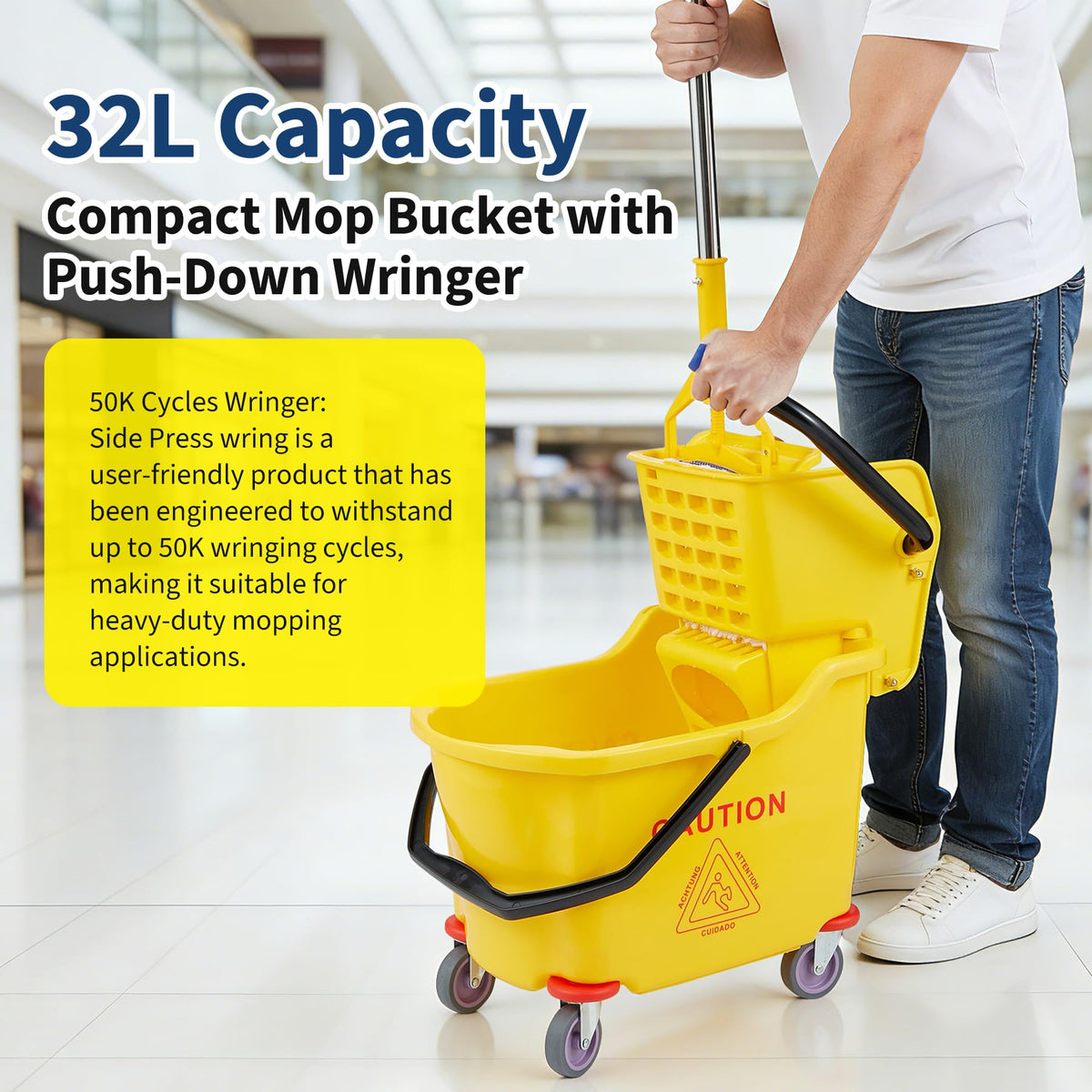 Yellow 35 Quart Commercial Mop Bucket with Side Press Wringer on Wheels A800424