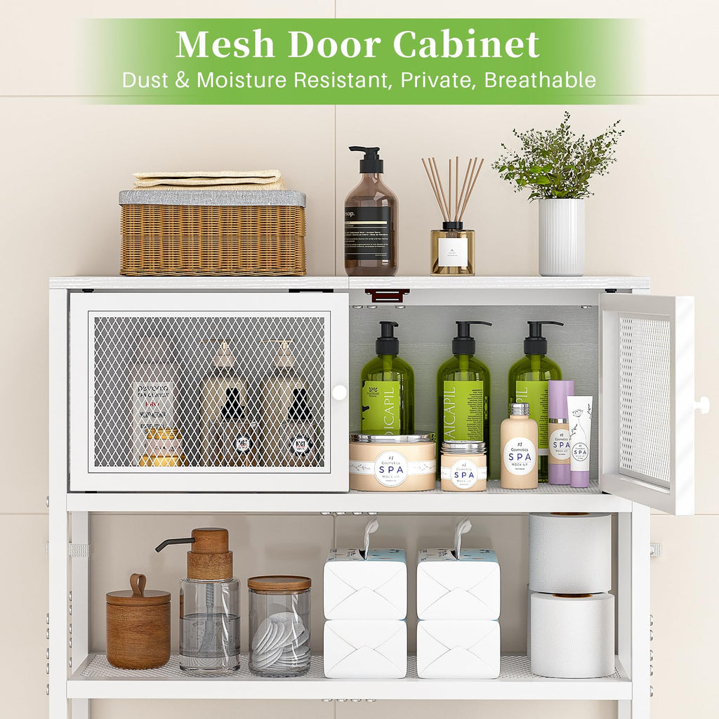 Over the Toilet Storage Cabinet with Doors, White Metal Shelves Q913