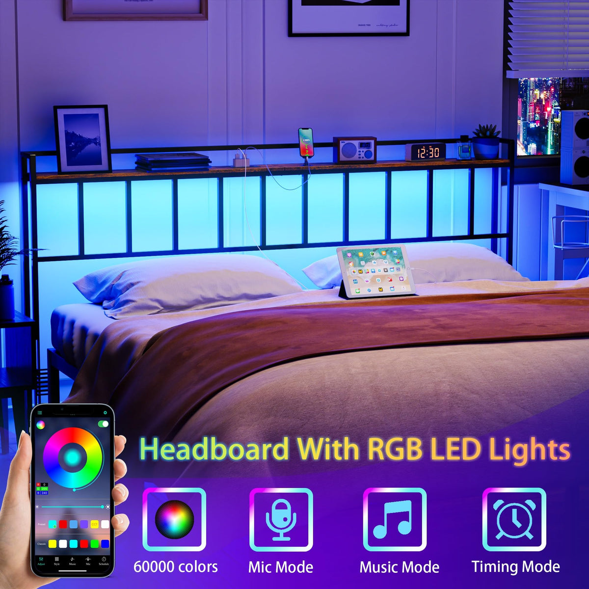 King Size Headboard with LED Light, Outlets and USB Ports, Storage Rack, Rustic Brown A1410