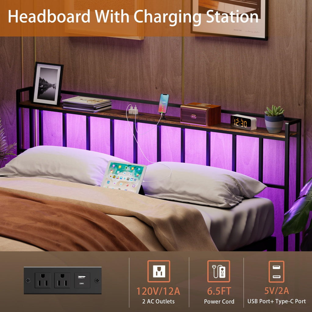 King Size Headboard with LED Light, Outlets and USB Ports, Storage Rack, Rustic Brown A1410