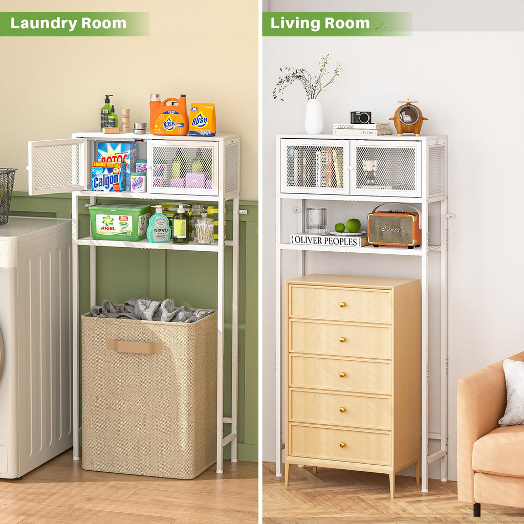 Over the Toilet Storage Cabinet with Doors, White Metal Shelves Q913