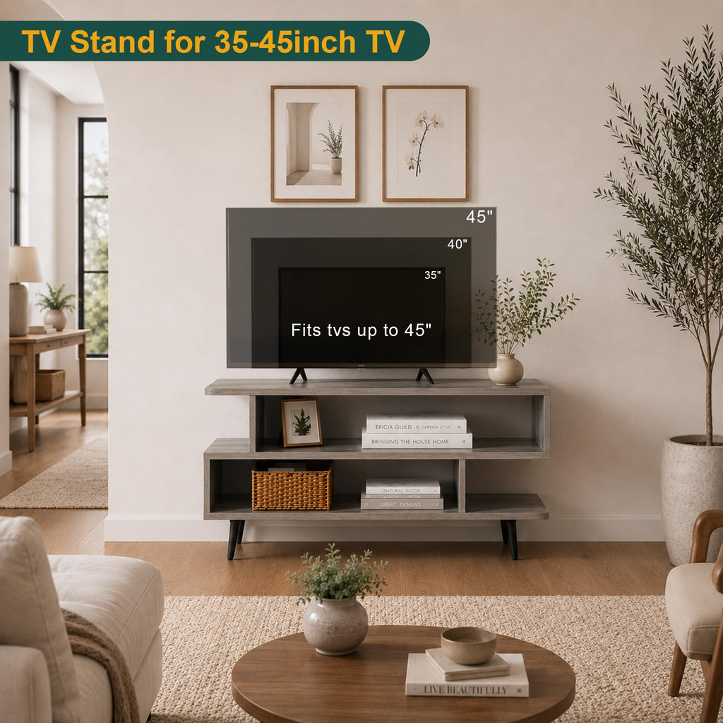 45 inch Light Grey TV Stand with 3-Tier Open Storage Shelves B6319