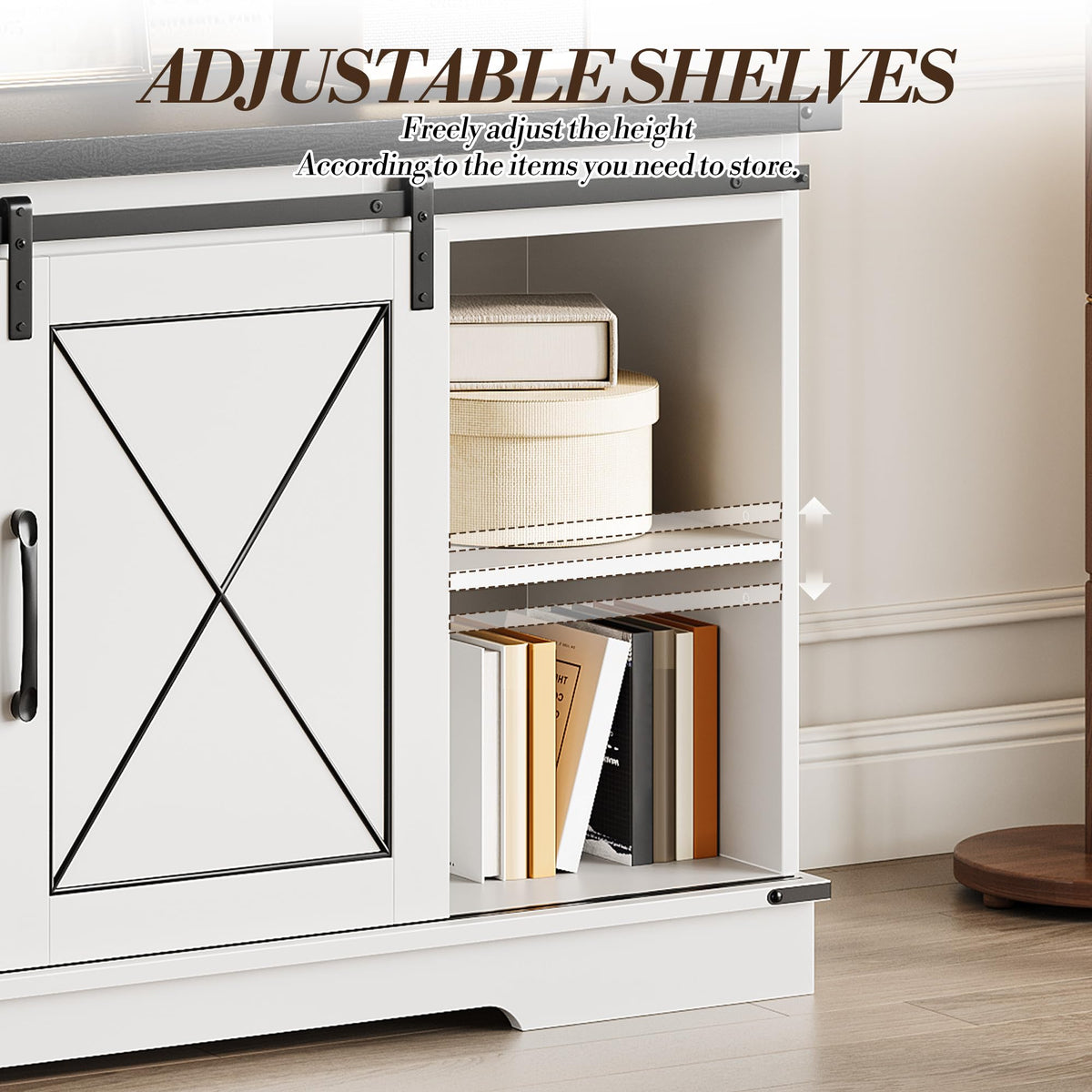 White Farmhouse TV Stand with Sliding Barn Doors O546587
