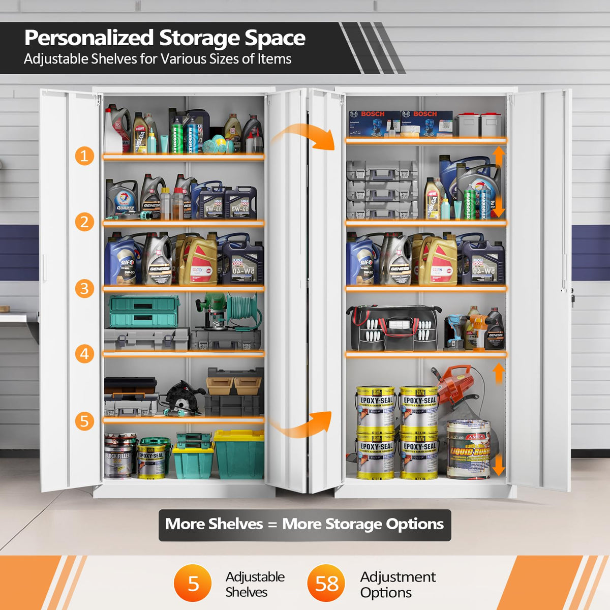 White Metal Storage Cabinet with 2 Doors and 5 Adjustable Shelves M2629