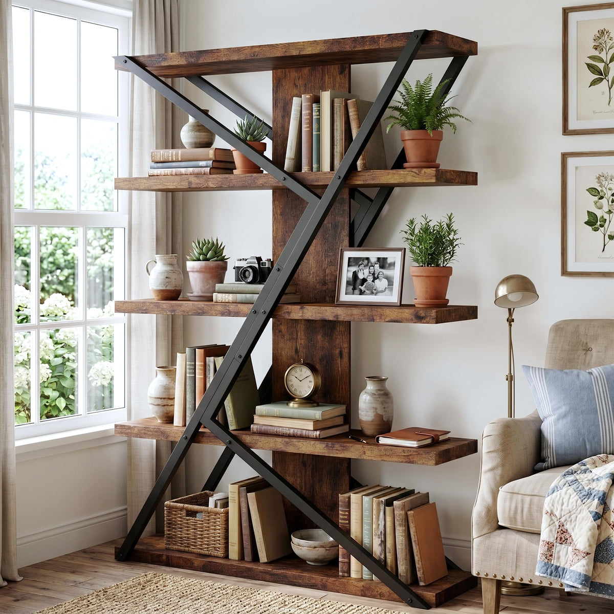 5-Tier Wood and Metal Bookshelf Y155