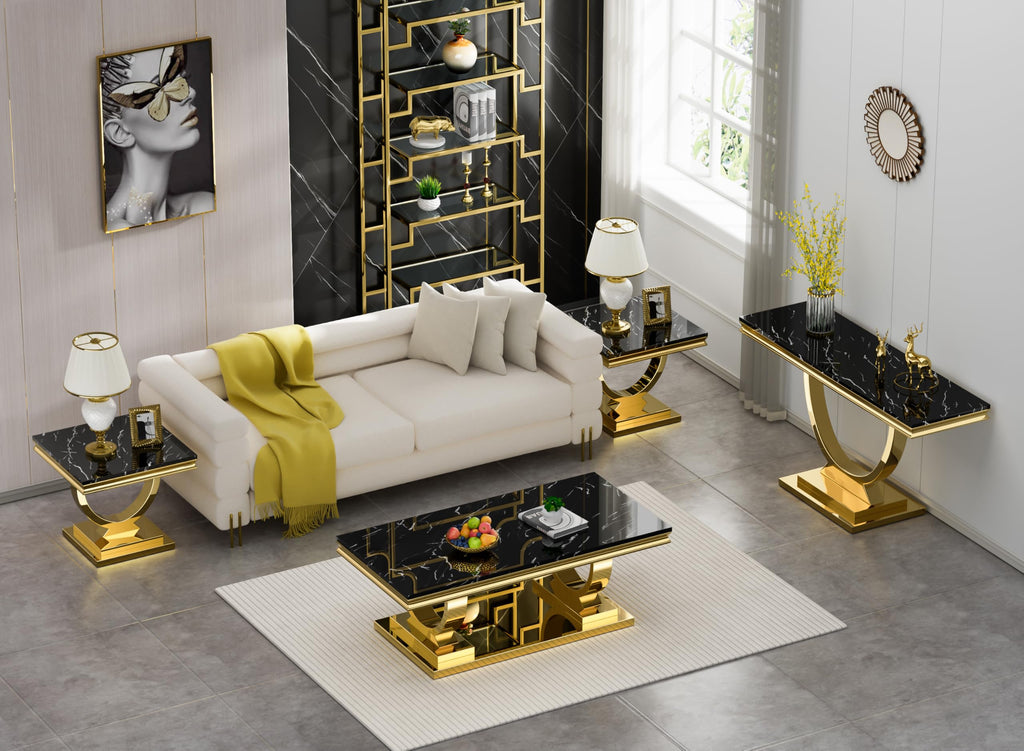 47" Black Faux Marble Coffee Table with Gold Pedestal Base L858