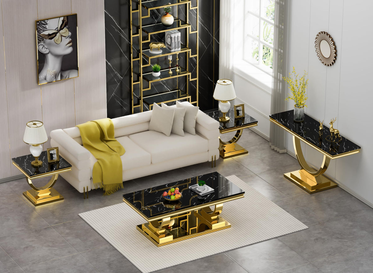 47" Black Faux Marble Coffee Table with Gold Pedestal Base L858
