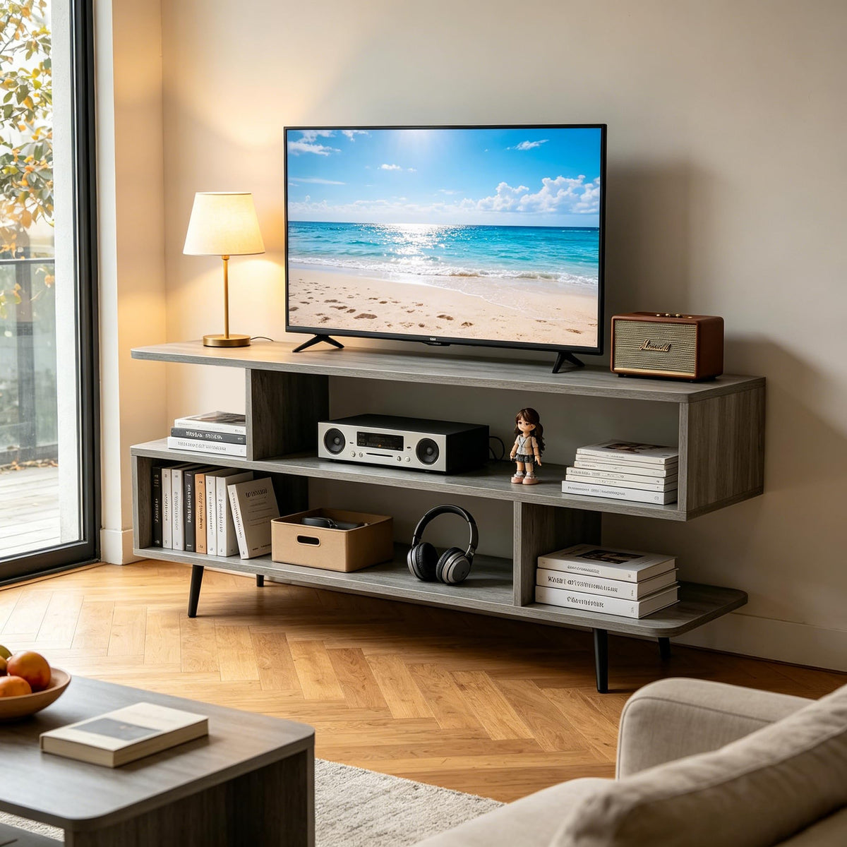 45 inch Light Grey TV Stand with 3-Tier Open Storage Shelves B6319